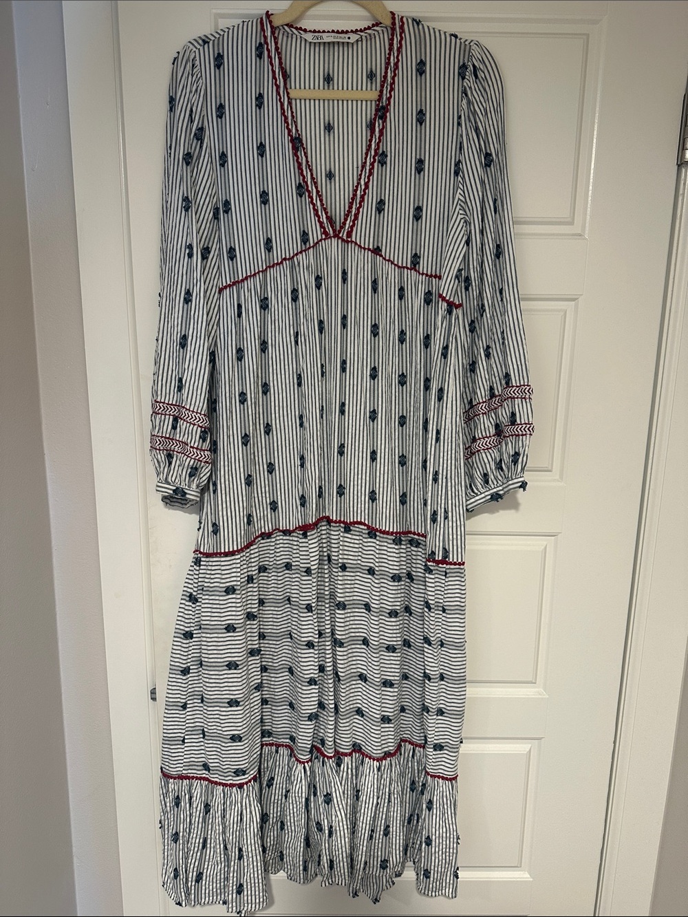 Zara Navy & White Striped Maxi Dress with Red Trim